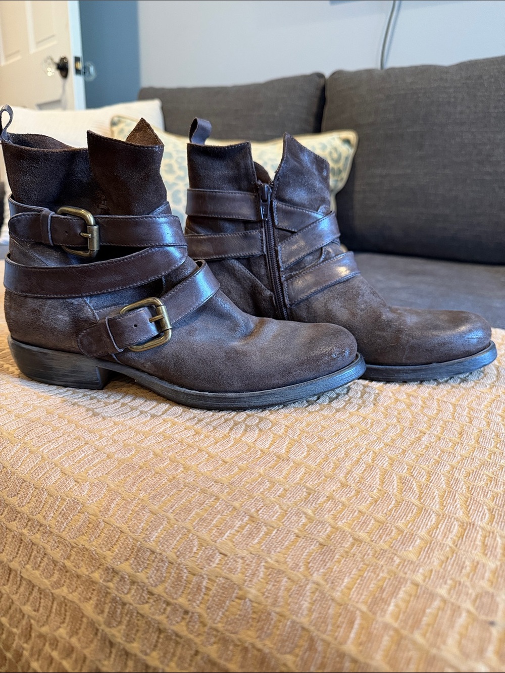 Woman’s Dark Brown Suede Ankle Boots with Buckle Straps